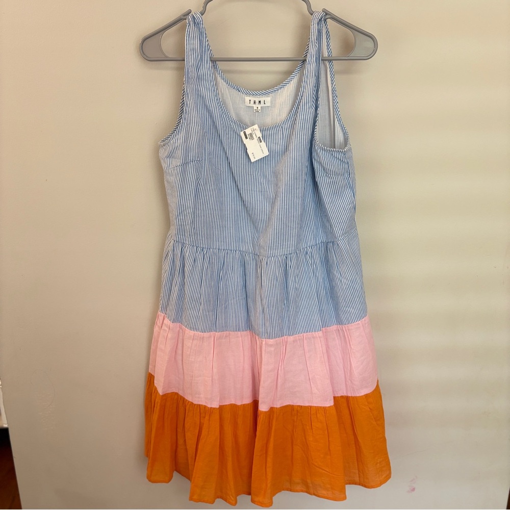 THML Striped Sleeveless Midi Dress in Blue, Pink, and Orange